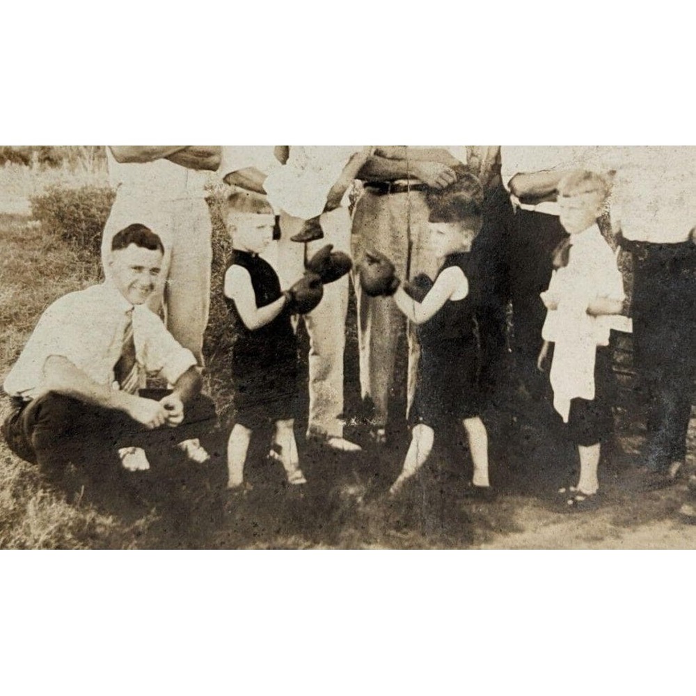 Family Photo All Men Twin Boys Staged Boxing w/ Cornerman Oddity RPPC Postcard‎